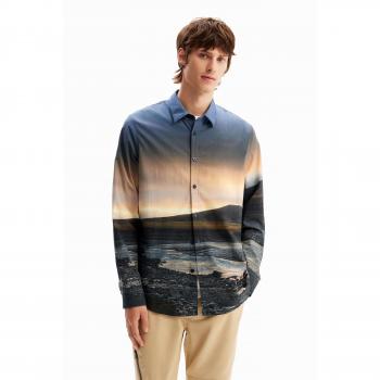 Camisa Desigual de Algodón con Paisaje en Negro
