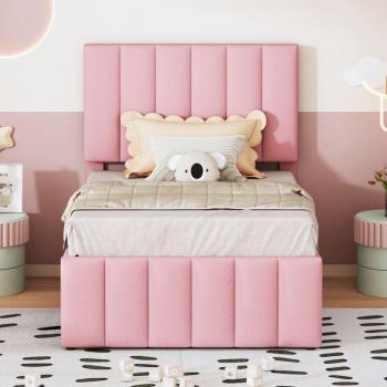 Lit bébé doux lin rose capitonné 90×200 cm avec espace de rangement