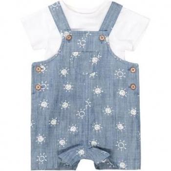 Gemusterte Latzhose und Body in Blau