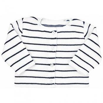 Gilet bébé Marin, tricoté en France pour bébés de 1 à 3 mois, couleur blanc cassé et marine