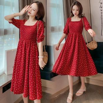 Koreanisches Sommer-Mutterschafts-Langkleid Elegantes Charm für Schwangere - Weinrot mit Punkten