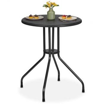 Round Rattan Effect Outdoor Garden Table, 73 x 60 cm, Black Plastic & Steel for Balcony or Terrace