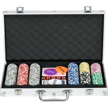 SPORTNOW Pokerkoffer Set 300 Chips 11,5g Komplett Pokerset mit Schloss 2 Decks 5 Würfeln Dealer Blind Buttons in Silber