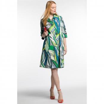 Abito chemisier svasato con stampa, colletto da camicia, maniche a 3/4, Verde, Taglia: 64/66, Cotone