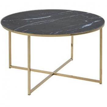 Toilinux - Table basse ronde en verre effet marbre - Diam. 80 cm - Doré et Noir - Alysé