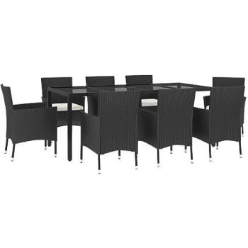 VidaXL 9 Piece Garden Dining Set with Cushions Black Poly Rattan