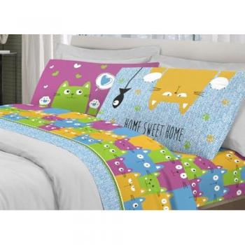 Completo Lenzuola Letto Happy Cat Multicolor 100% Cotone Singolo