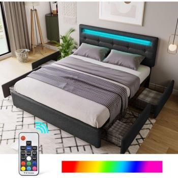 Letto Imbottito 140x200 Nero con Testiera Regolabile e LED