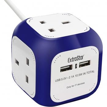 EXTRASTAR 4 Gang Cube Extension Lead with 2 USB Ports 1.4M Cable