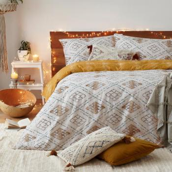 Furn. Riva Atlas Ochre 100% Brushed Cotton Duvet Cover and Pillowcase Set White