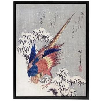 Utagawa Hiroshige Japanese Pheasant in Snow Wall Art, Orange Frame (24 W × 32 H)