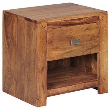 KADIMA DESIGN Rustikale Landhaus-Nachtkonsole aus massivem Sheesham-Holz, mit Ablagefläche und Schublade, eleganter chromfarbener Griff