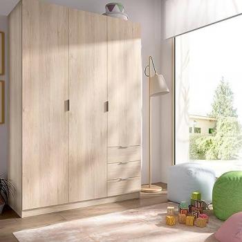 Guardaroba Cimone, Mobile appendiabiti, 3 ante e 3 cassetti, Rovere, 121x52h184 cm