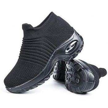 Ladies Sneakers Lightweight Mesh Walking Running Sports Gym Knit Shoes Air Cushion Casual Comfy Black Size 10 (44EU)