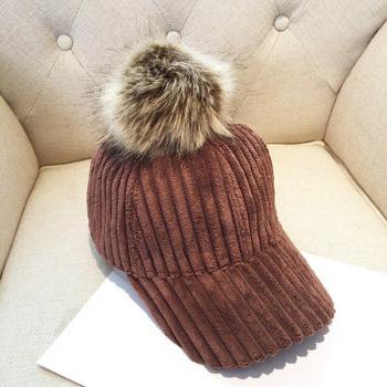Women's Adjustable Corduroy Hat with Pom-Pom