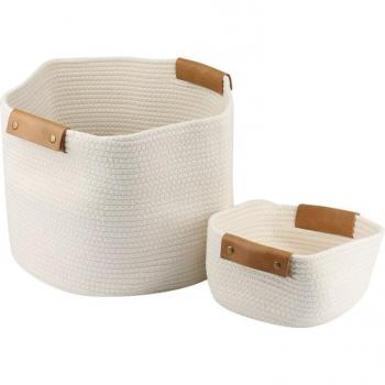 2 Pack Cotton Rope Laundry Baskets with Woven Leather Handles