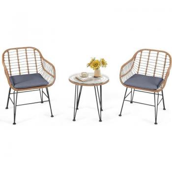 Salon de Jardin en Rotin Naturel 2 Fauteuils + Table Basse