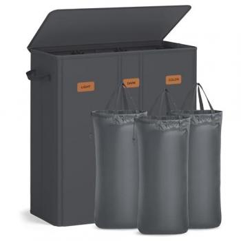Dark Grey Three‑Compartment Laundry Bin with Lid and Washable Liner – Label Set Included