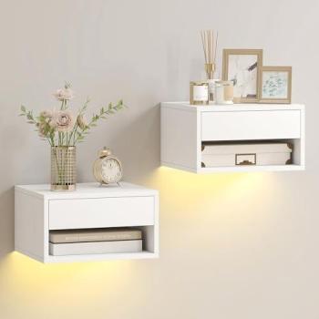 Pack double table de chevet suspendue HOMCOM – LED RGB app, étagère et tiroir, 37×32×21 cm, couleur blanche