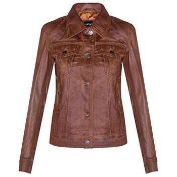 Anderlecht Women's Leather Trucker Jacket - Tan - Size 22