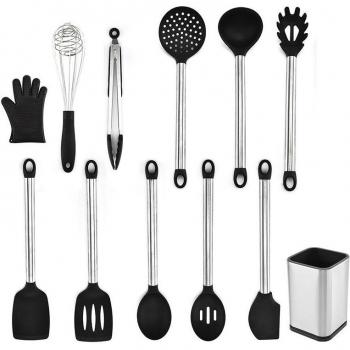 Silicone Cooking Utensils Set - 13 Pieces, Includes Spatula, Spoon, Tongs, Whisk