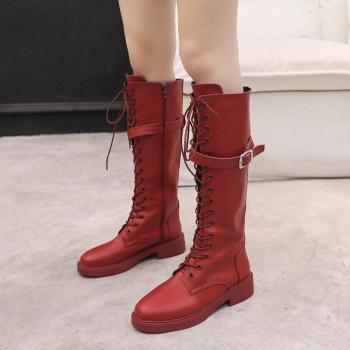 Ladies' Round Toe Mid-Calf Boots Thick Sole Zipper Red and Black Size 35-39
