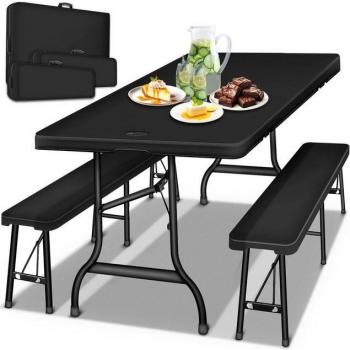 Ensemble Mobilier Jardin en Plastique Noir – Tente, Table & Bancs Pliants (180 cm)