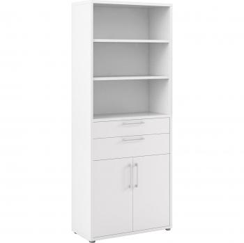 3-Shelf Bookcase with 2 Drawers and 2 Doors - White
