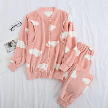 Fdfklak Pink Thicken Flannel Nursing Pajamas