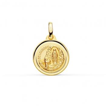 Medalla de Oro 18k Virgen de Lourdes 14mm Redonda con Cerco Grabado