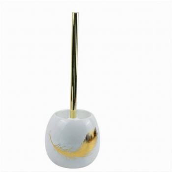Escobillero de Cerámica Blanca con Pluma Dorada