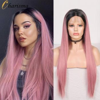 Charisma Ombre Pink Lace‑Front Wig – Middle Part, Glueless, Black Root, Synthetic