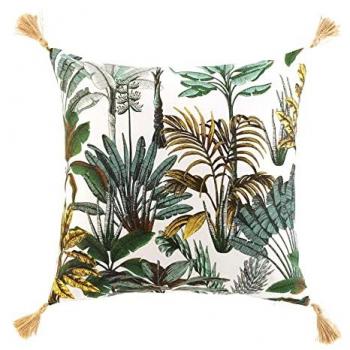 Coussin déhoussable Balinesia en coton à motifs végétaux + pompons - Multicolore - 50 x 50 cm