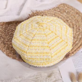 French Beret Hat for Girls - Striped Design in Pink, Black, Yellow, Beige