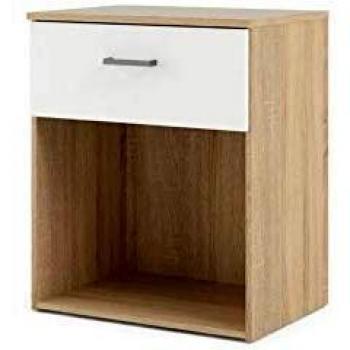 Commodino in legno di rovere con un cassetto a tiro da 50x35x60 cm, color bianco e rovere