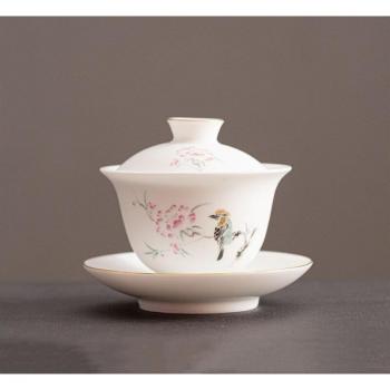 Keramik Gaiwan Teetasse mit handgemaltem Blumen- und Vogelmotiv 120ml