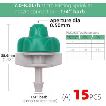 RBCFHI - Boquillas de Riego para Jardín, 15 Unidades, Cabezal Aspersor, Flujo 7-8L/h