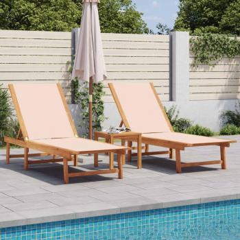 Chaises longues 2 pièces crème en bois acacia et textilène, lit de soleil, lit de repos, chaise longue d'extérieur, lit de bronzage