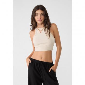 Stradivarius Basic Ribbed Crop Top in Stone - Size M