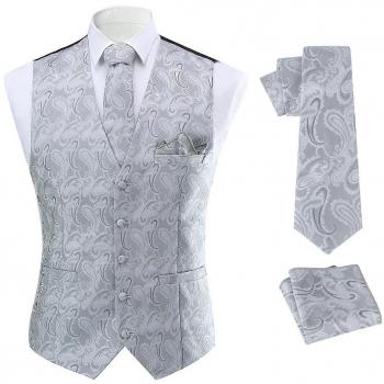 Conjunto completo Hombre Allthemen: Chaleco, corbata y bolsillo gris plata con diseño paisley Jacquard
