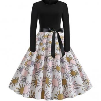 Vestido Casual Swing de Otoño para Mujer Tonval Multicolor, Estampado, Manga Larga y Cuello Redondo, A Línea con Cinturón