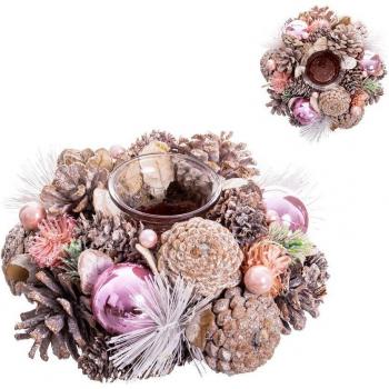 Portavelas de piñas navideño en color blanco y rosa