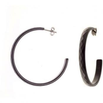 Boucles d'Oreilles Lisie - Argent Massif Rhodié 925 - Créoles - Céramique Noire - Système Poussettes