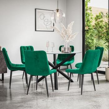 Malvern Clear Top Oak Legs Dining Set – 6 Nova Velvet Green Chairs