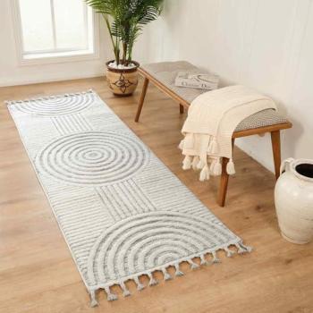 Grey Ivory Geometric Fringe Rug – 80x220 cm