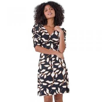 Size 10 Black Ditsy Leaf Ruched Puff Sleeve Dress for Women