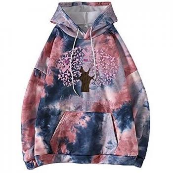 Wave166 Frauen Hoodie Roter Baum‑Schleifen‑Print – Tie‑Dye-T-Shirt, Kapuzenpulli mit Fächern, Langärmlig, Rundhalsausschnitt – Breast Cancer Awareness
