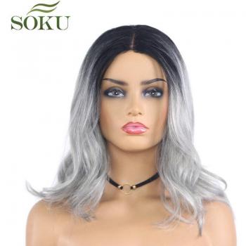 Synthetische Ombre Grau Haarperücke mit natürlicher Welle