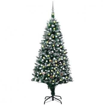 Árbol de Navidad artificial con luces LED, adornos y piñas 210 cm