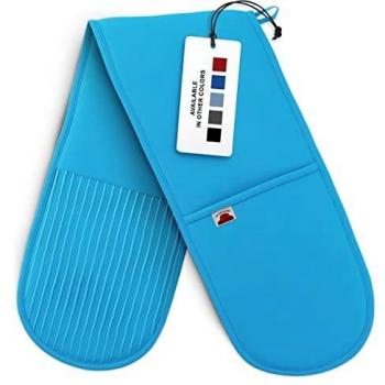 Terry Cloth Lined Cotton and Silicone Oven Gloves with Hanging Loop - Turquoise